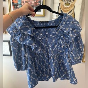 Zara Blue Openwork Embroidered Top